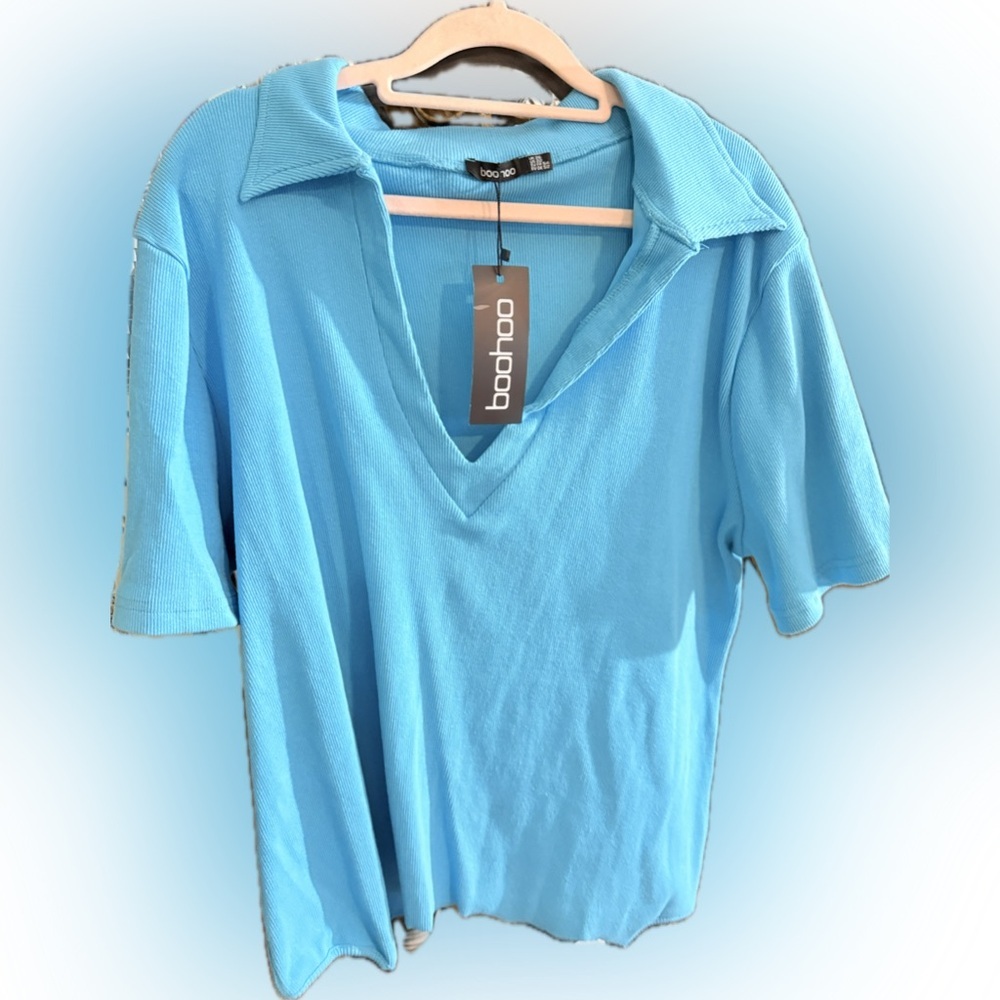 Boohoo Bright Blue Ribbed V-Neck Top